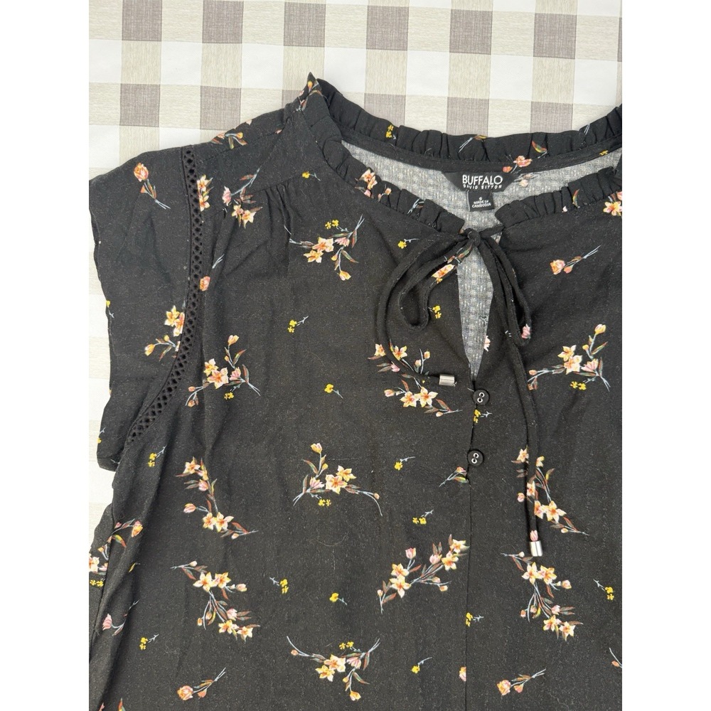 Floral Boho Blouse Black Peasant Top Lightweight Buffalo David Bitton Small - Picture 2 of 5